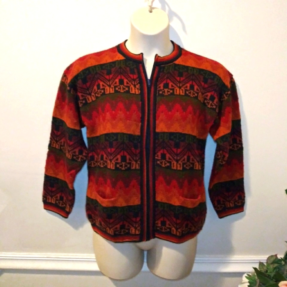 Peruvian Alpaca, Mohair & Wool Vibrantly Colored Hand Knit Cardigan Sweater
